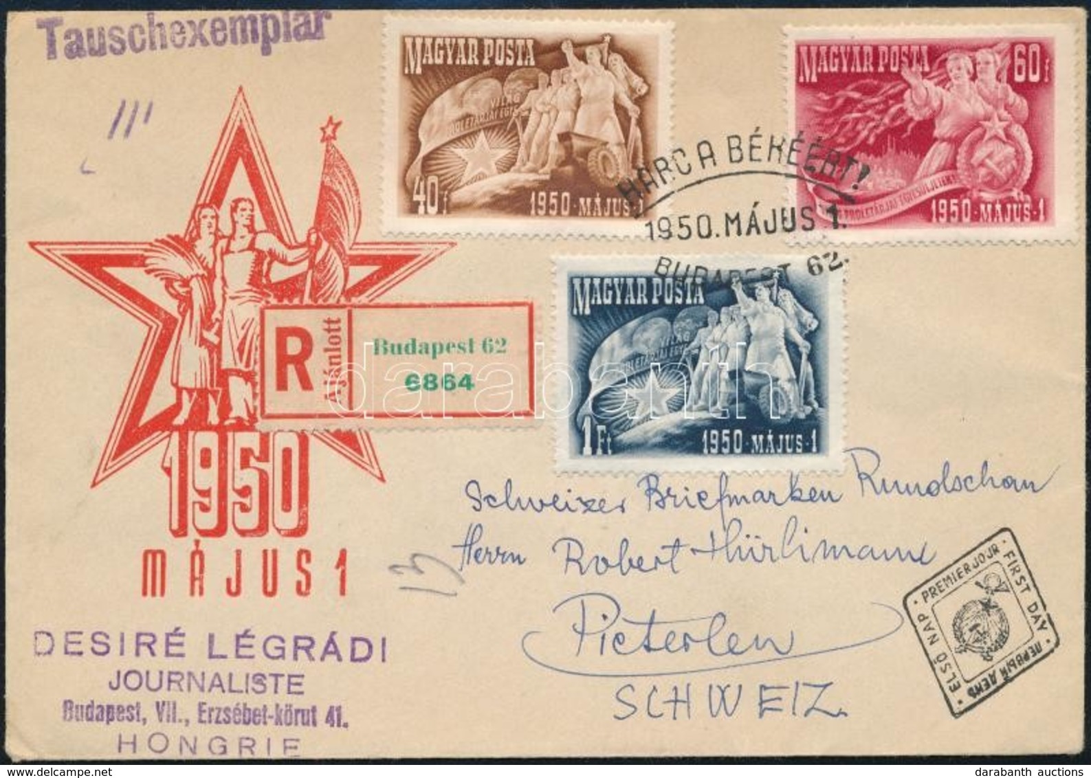 1950 Május 1. Sor Ajánlott FDC-n Svájcba - Sonstige & Ohne Zuordnung