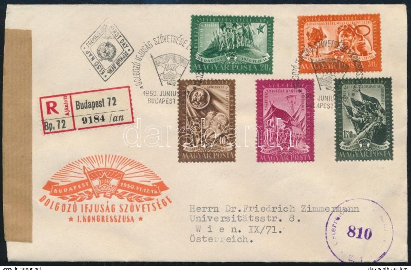 1950 DISZ (I.) Sor Ajánlott FDC-n Ausztriába - Sonstige & Ohne Zuordnung