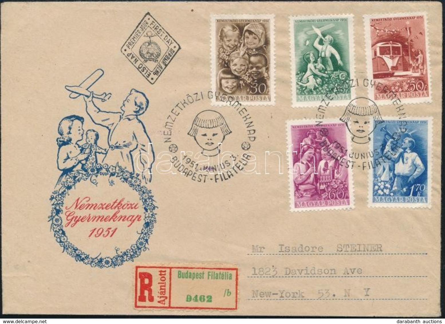 1951 Gyermek (II.) Sor Ajánlott FDC-n Amerikába - Sonstige & Ohne Zuordnung