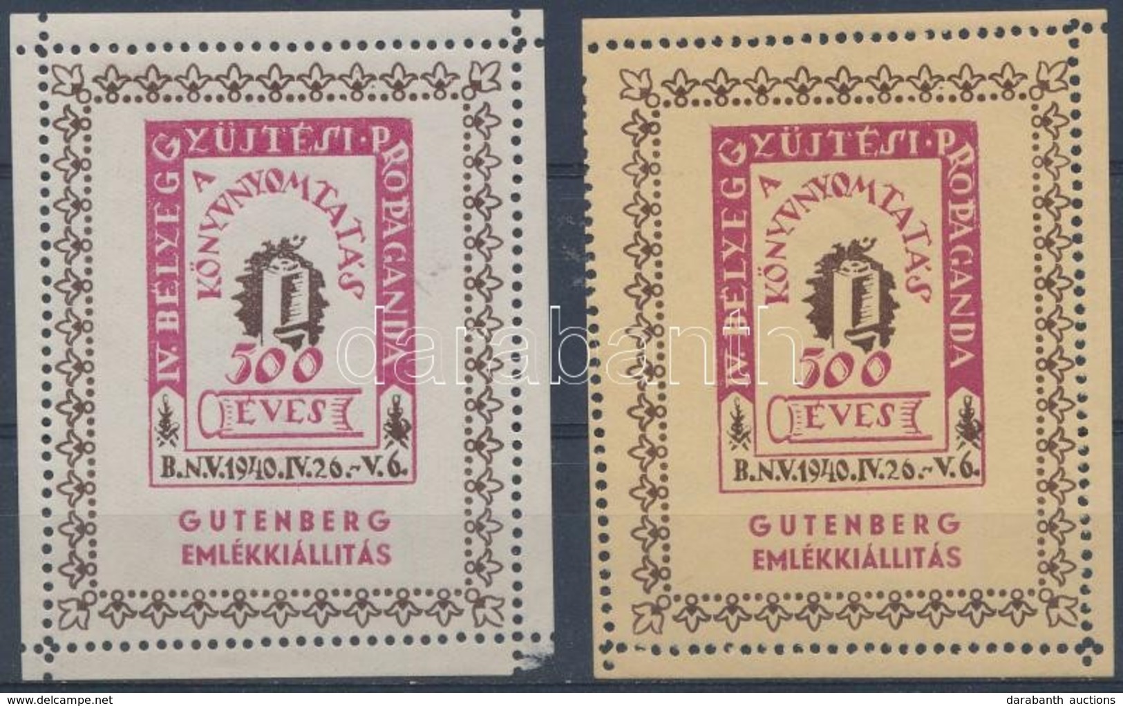 ** 1940/8aa + 8ba Gutenberg Emlékblokk Pár Vágási és Fogazási Hibákkal (20.000) - Sonstige & Ohne Zuordnung