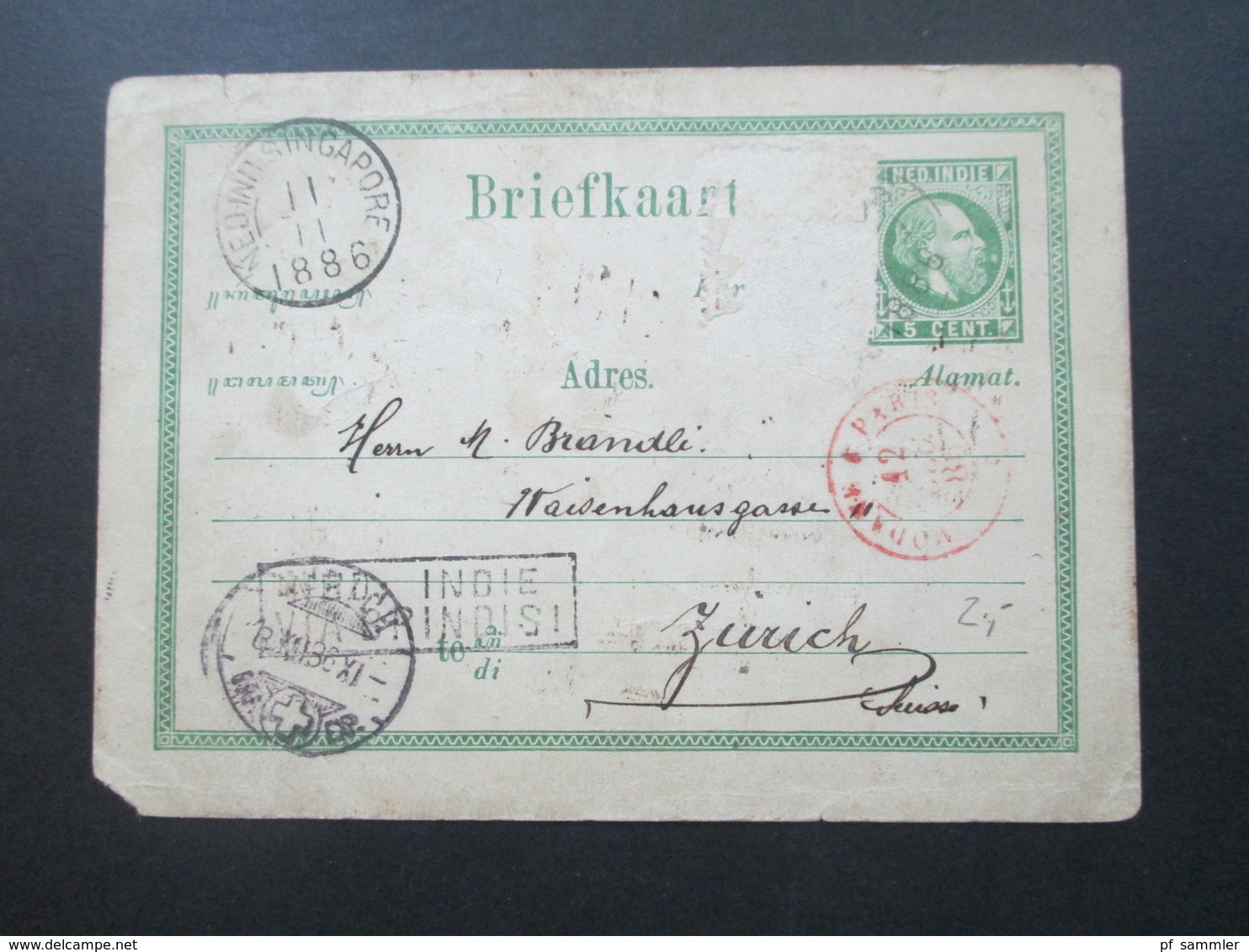 Niederlandisch Indien Ned. Indie Ganzsache 1886 Nach Zürich über Singapore Und Paris. Ra2 Ned. Indie Via Brindisi - Indes Néerlandaises