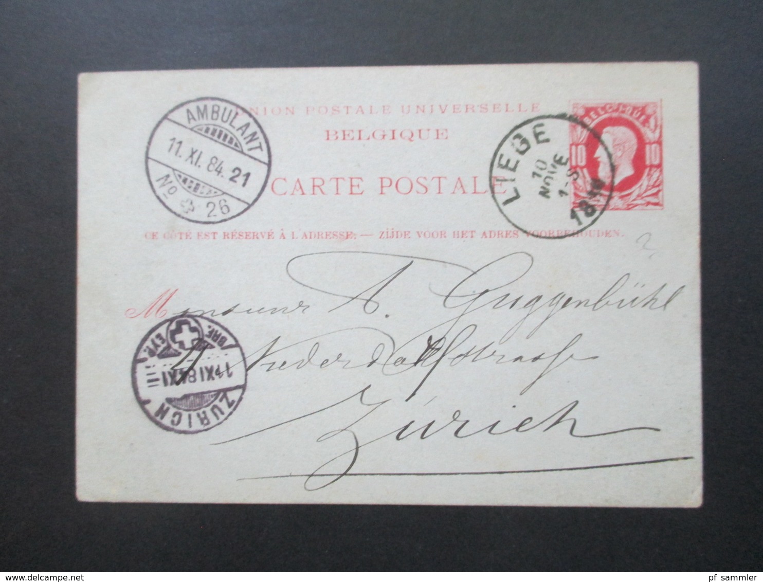 Belgien 1884 Ganzsache In Die Schweiz Nach Zürich. Bahnpost Stempel Ambulant No 26 - Briefkaarten 1871-1909