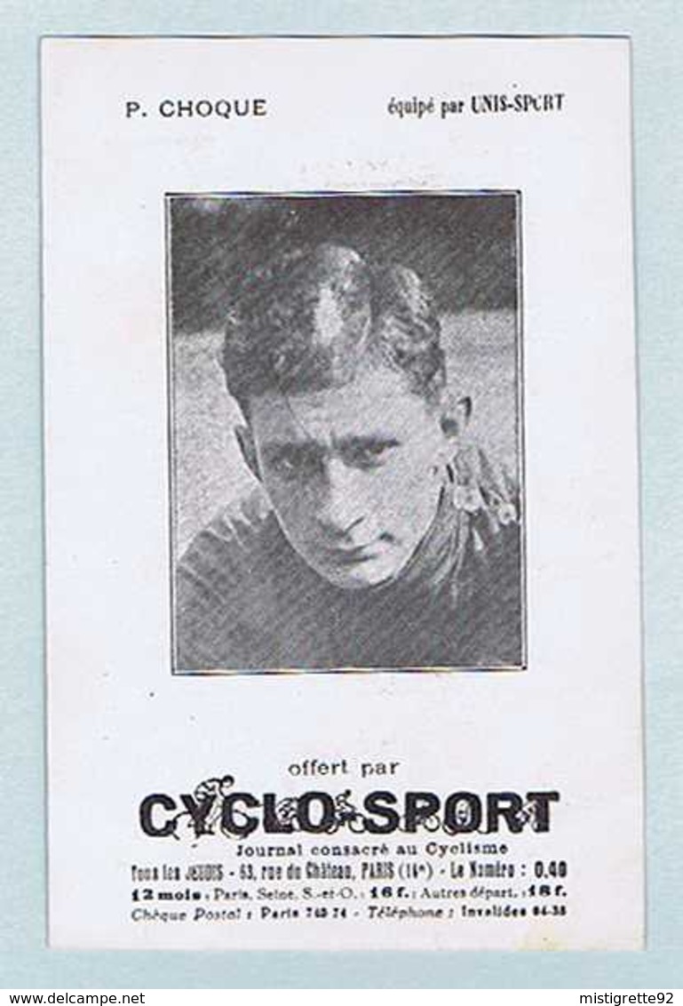 CP CYCLO-SPORT : Paul CHOCQUE, équipé Par UNIS-SPORT. Écrit CHOQUE Sur Cette Carte. Cyclisme, Vélo. - Ciclismo