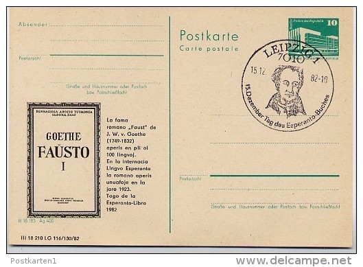 DDR P 84-12-82 C10 Postkarte Zudruck ESPERANTO GOETHE "FAUST I" Leipzig Sost. 1982 - Cartes Postales Privées - Oblitérées