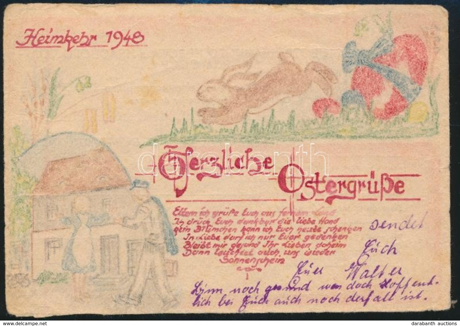 1948 Német Hadifogoly Rajzos Húsvéti üdvözlőlapja A Szovjetunóból / Easter Postcard Of German POW From The USSR - Sonstige & Ohne Zuordnung