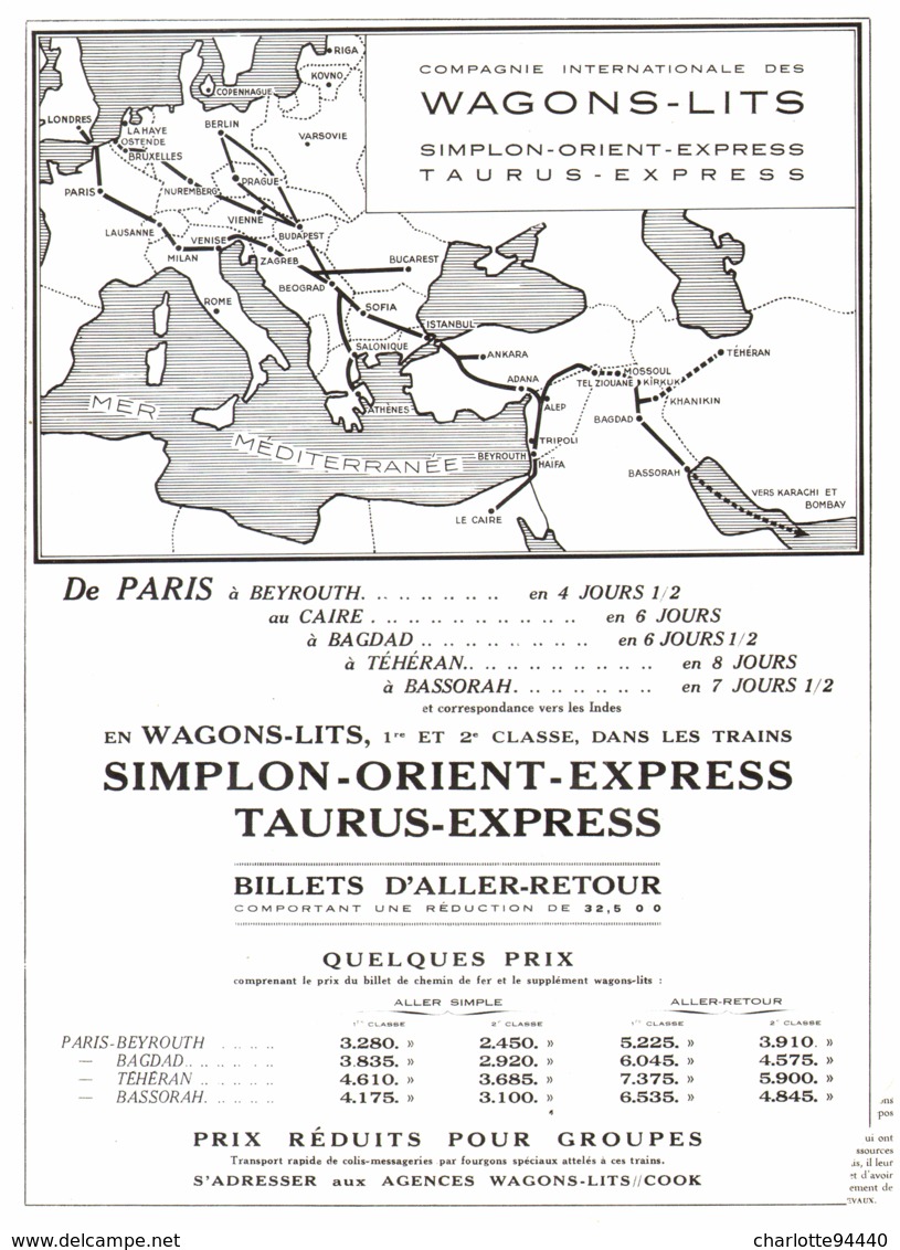 PUB WAGONS-LITS  " SIMPLON ORIENT-EXPESSE  " 1934 ( 1 ) - Chemin De Fer