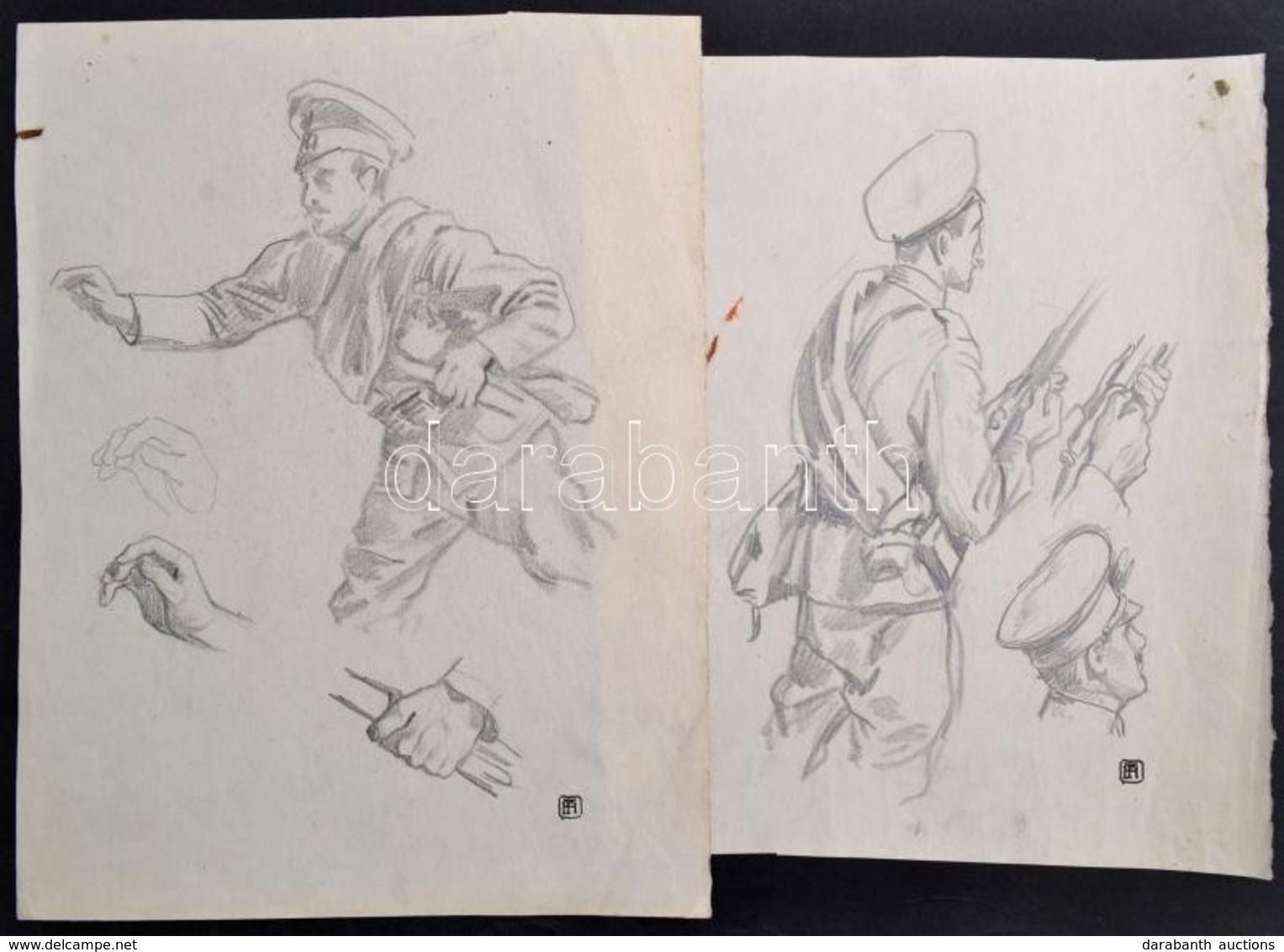 Helbing Ferenc (1870-1958): Katonák (vázlatok) 2 Db. Grafit, Papír, Jelzett (bélyegzős Pecsét),  28×24 és 31×24 Cm - Sonstige & Ohne Zuordnung