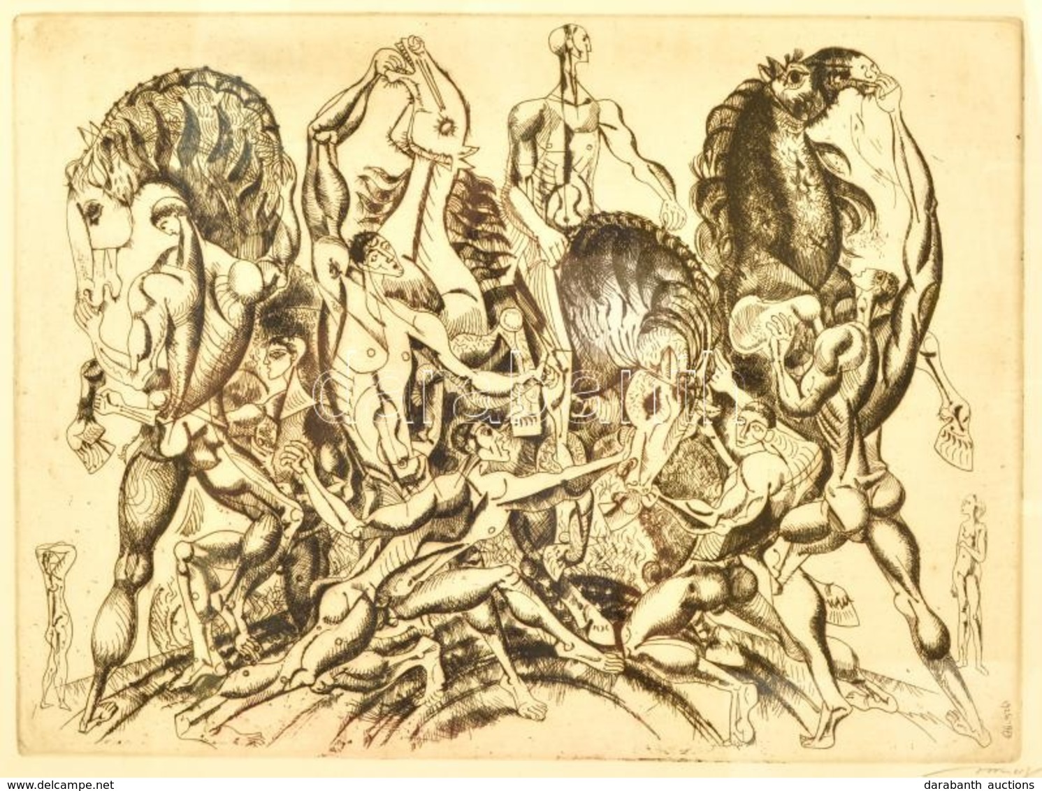Hincz Gyula (1904-1986): Lovas Kompozíció. Rézkarc, Papír, Jelzett, üvegezett Keretben, 35×46 Cm - Sonstige & Ohne Zuordnung