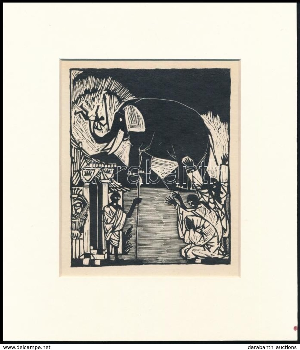 Kondor Béla (1931-1972): Elefánt. Fametszet, Papír, Jelzés Nélkül, Paszpartuban, 14×11 Cm - Sonstige & Ohne Zuordnung
