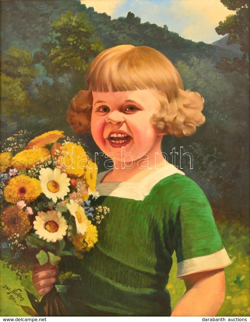 Nicklas Jelzéssel: Kislány Virágcsokorral. Olaj, Karton, Keretben, 55×43 Cm - Sonstige & Ohne Zuordnung