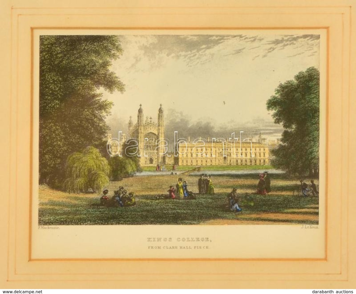 King's College From Clare Hall Piece, Színezett Acélmetszet, F. Mackenzie / J. Le Keux, Paszpartuban, üvegezett Fa Keret - Stiche & Gravuren