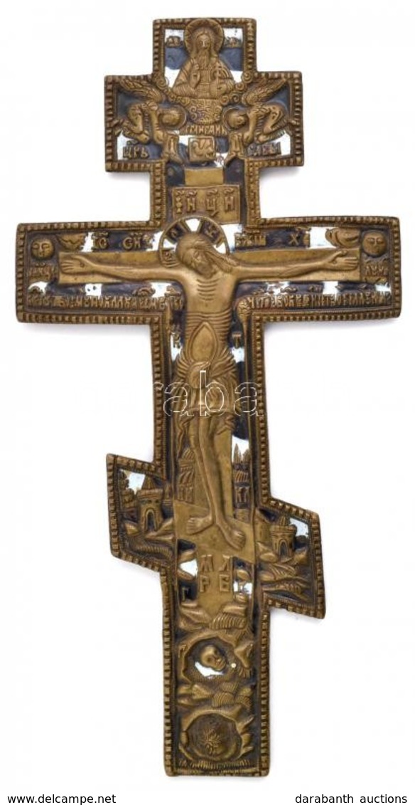 Orthodox Kereszt, Réz, Zománc Berakással, Kis Kopásokkal, 34×17,5 Cm - Other & Unclassified