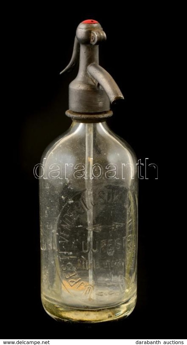 1940 Újpesti Vendéglősök Szikvízgyára R.T. Feliratú (0,5 L.) Szódásüveg Pótolt Fej Résszel, M: 25,5 Cm - Glass & Crystal