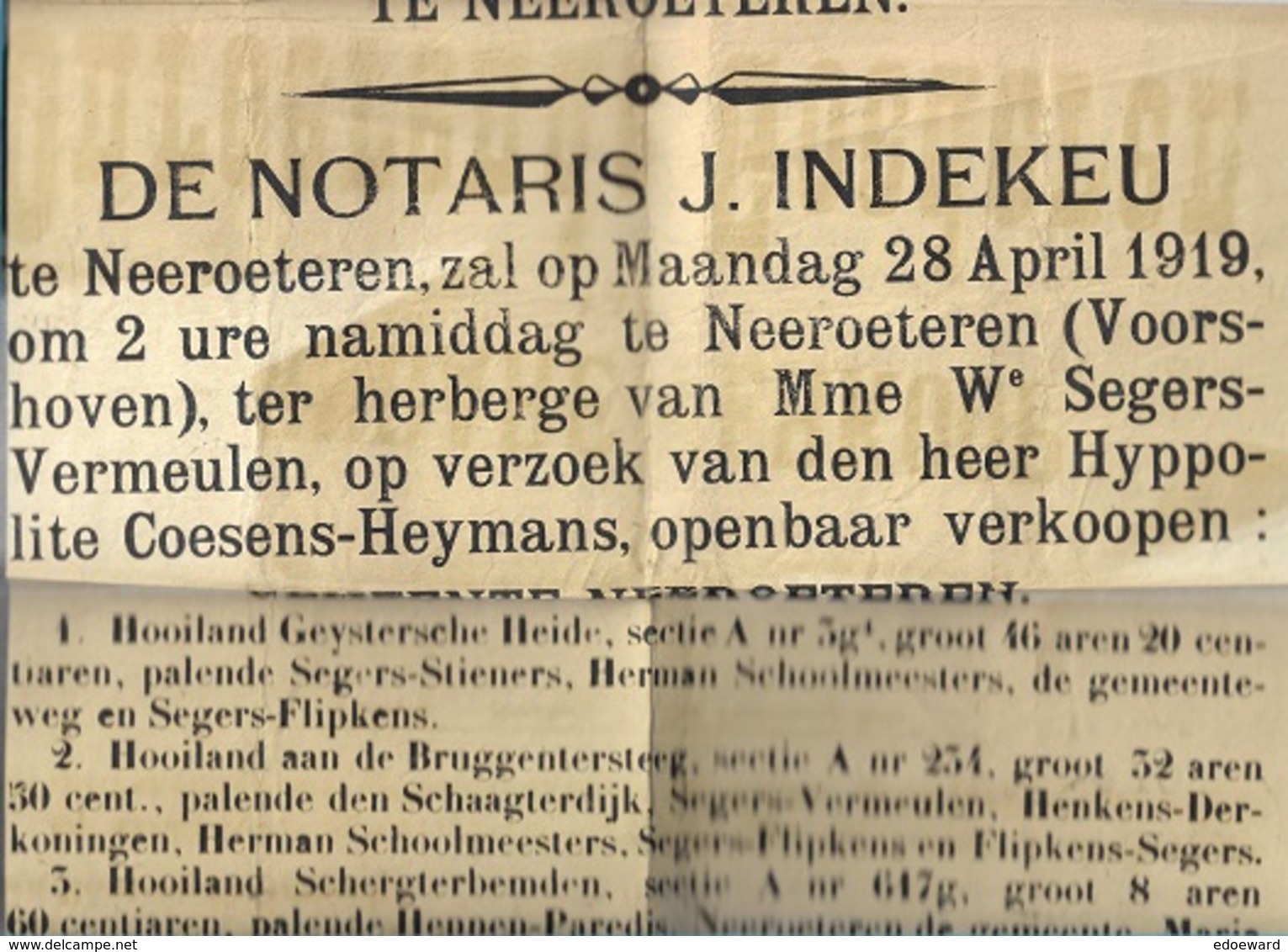 WO/   NEEROETEREN  AFFICHE PUBLIEKE VERKOOP 1919  DOOR COESENS HEYMANS - Documents Historiques