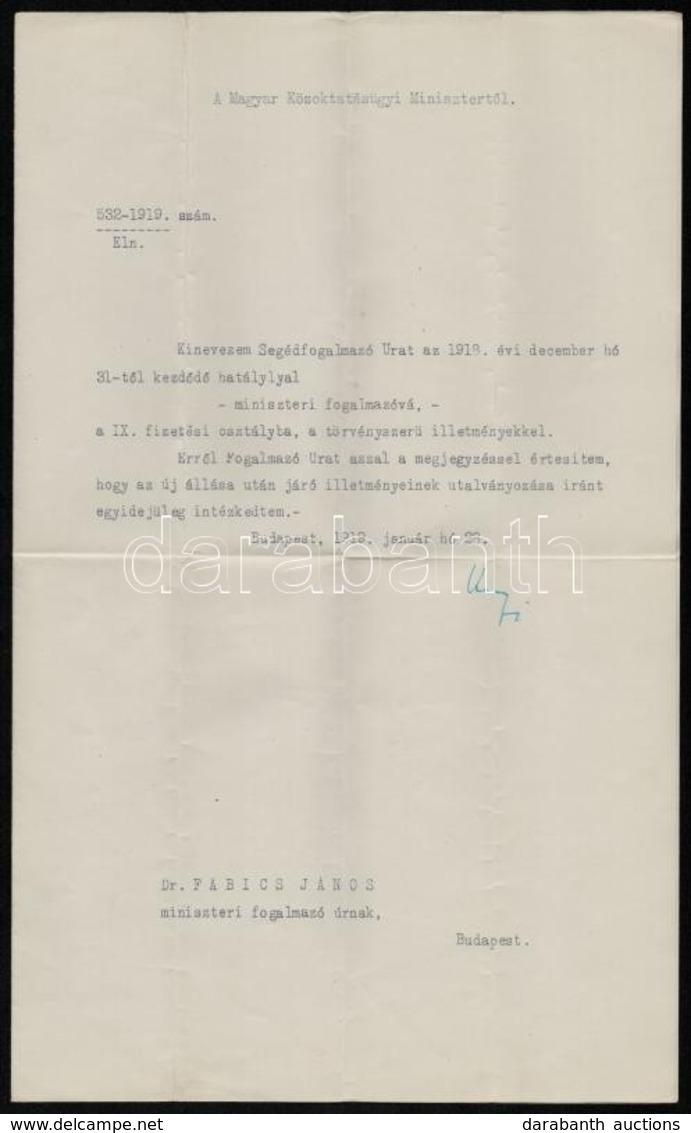 1919 Vallás és Közoktatásügyi Miniszteri Fogalmazói Kinevezés, 1919. Jan. 28., Kunfi Zsigmond (1879-1929) A Berinkey-kor - Ohne Zuordnung