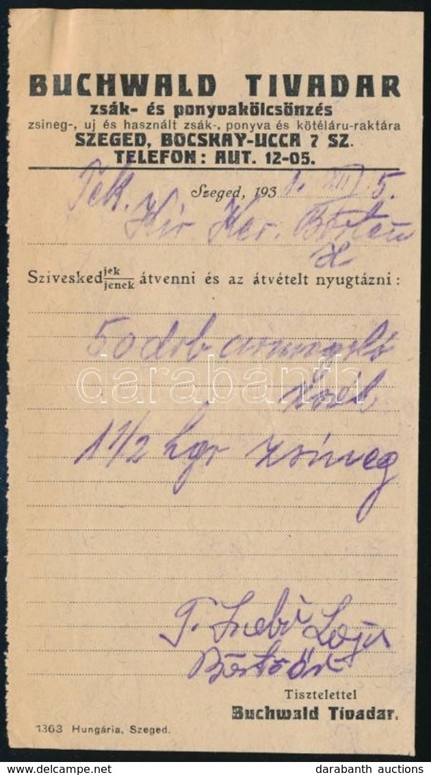 1931 Szeged, Buchwald Tivadar Zsák- és Ponyvakölcsönzés Fejléces Számlája A Kir. Kerültei Börtönnek - Unclassified