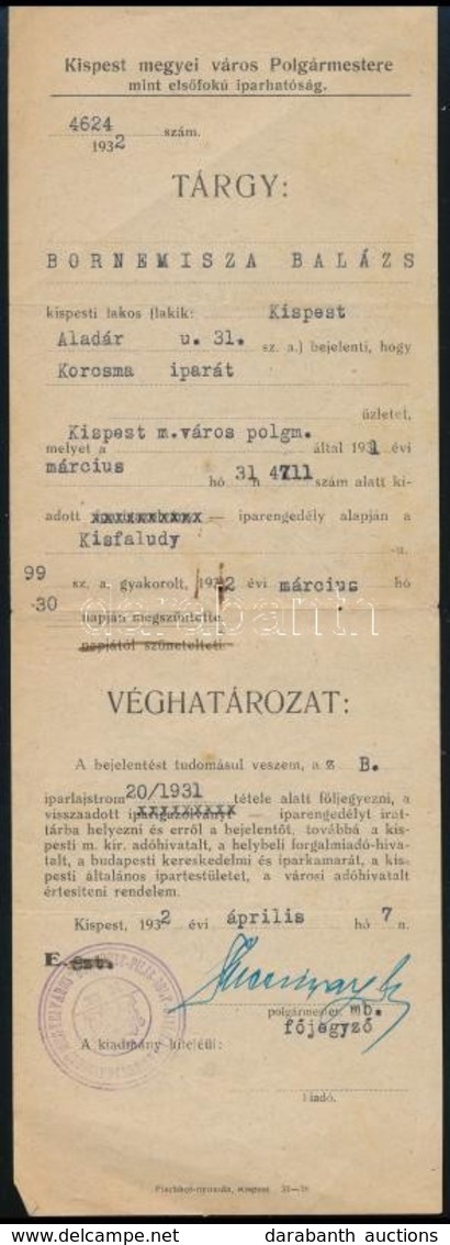 1932 Kispest, Kocsmaipar Megszüntetését Bejelentő Határozat - Ohne Zuordnung