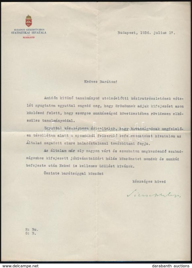 1936 Bp., Budapest Székesfőváros Statisztikai Hivatala Igazgatója által írt Levél, Aláírással - Ohne Zuordnung