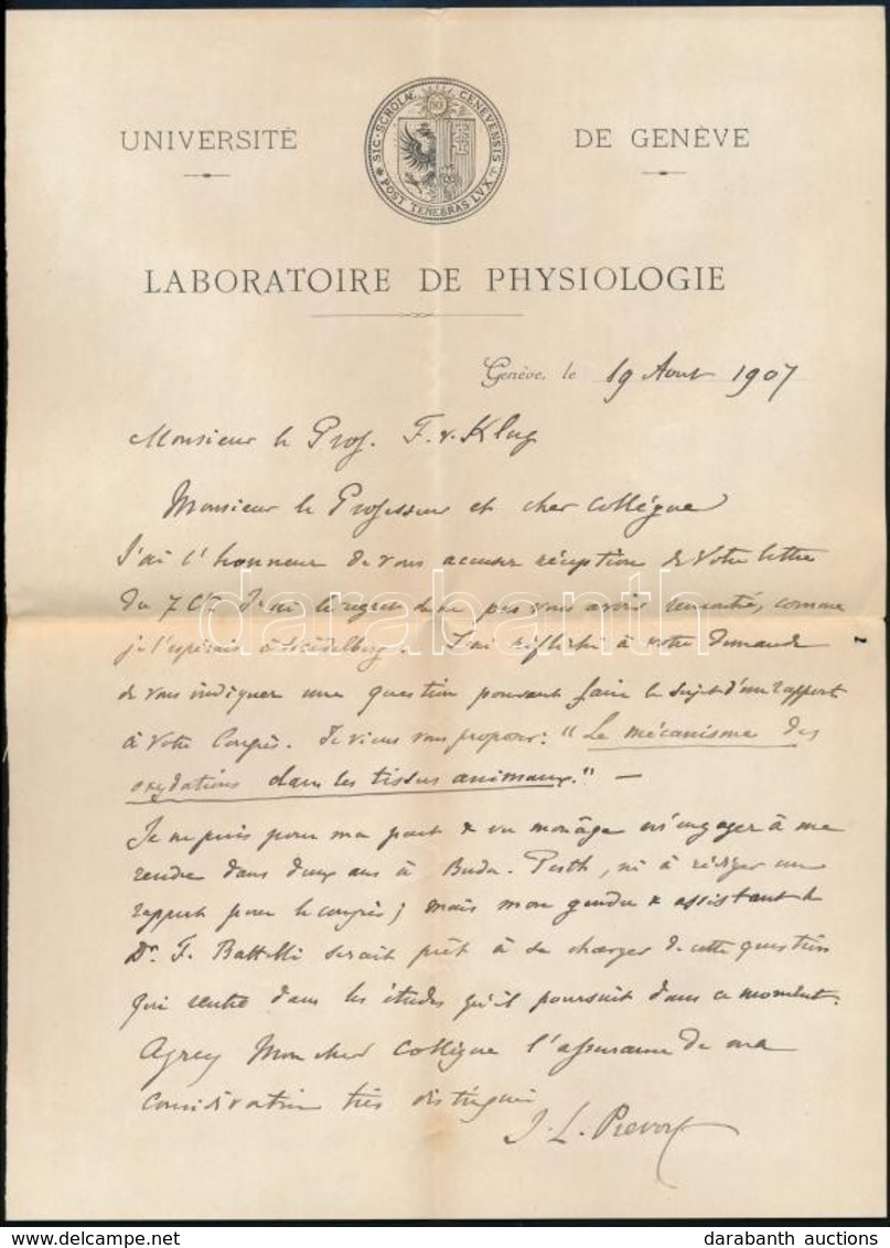 11907 Jean Louis Prévost (1838-1927) Svájci Neurológus Levele Klug Professzorhoz - Ohne Zuordnung