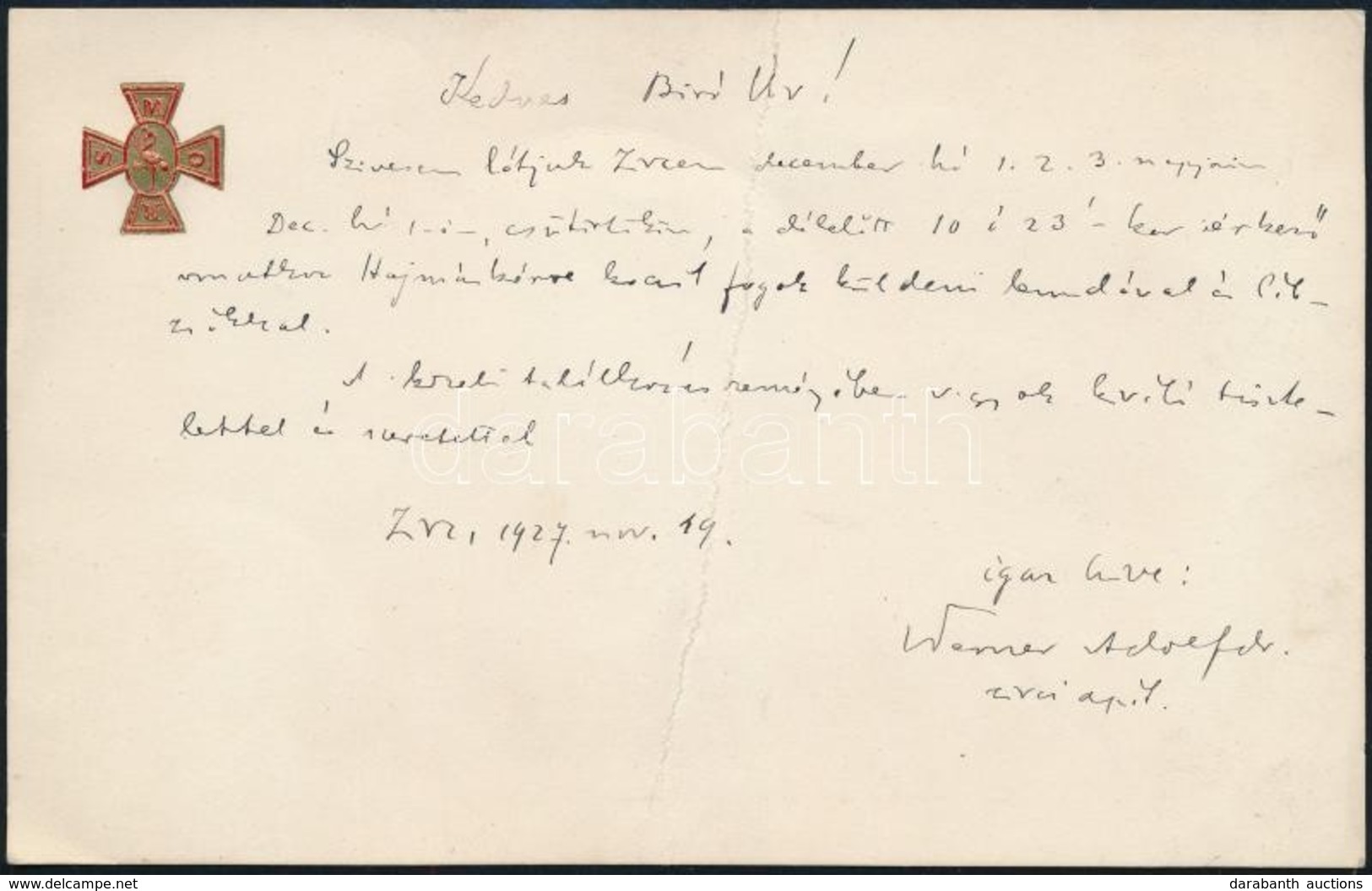 1927 Zirc, Werner Adolf (1867-1939) Zirci Apát Kézzel írt Levele Dombornyomott Kártyán - Ohne Zuordnung