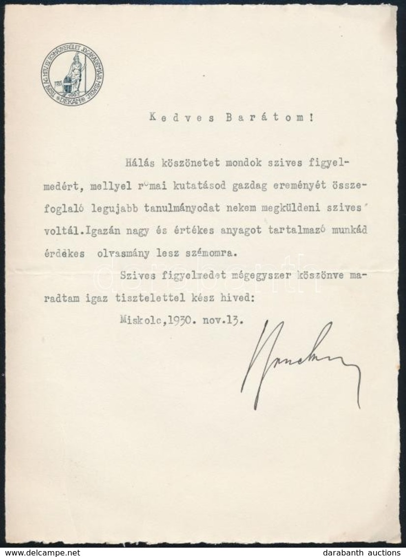 1930 Miskolc, Tiszai Ág. Hitv. Ev. Egyházkerület Miskolci Jogakadémia Dékánja által írt Levél, Aláírással - Ohne Zuordnung