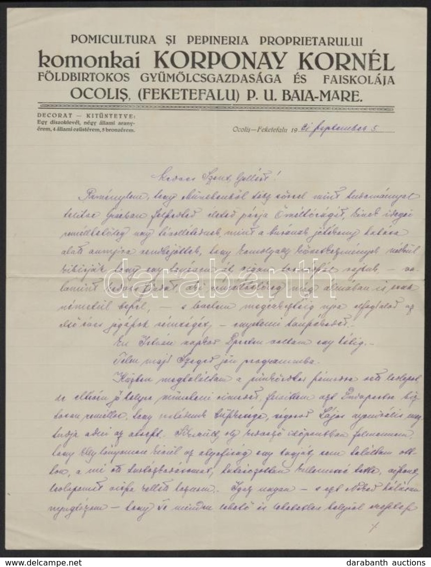 1931 Feketefalu, Komonkai Korponay Kornél Saját Kézzel írt Fejléces Levele - Ohne Zuordnung