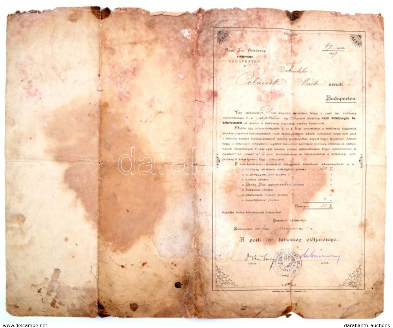 1907 A Pesti Izraelita Hitközség Felvételről Szóló Dokumentuma, Kissé Megviselt állapotban - Autres & Non Classés