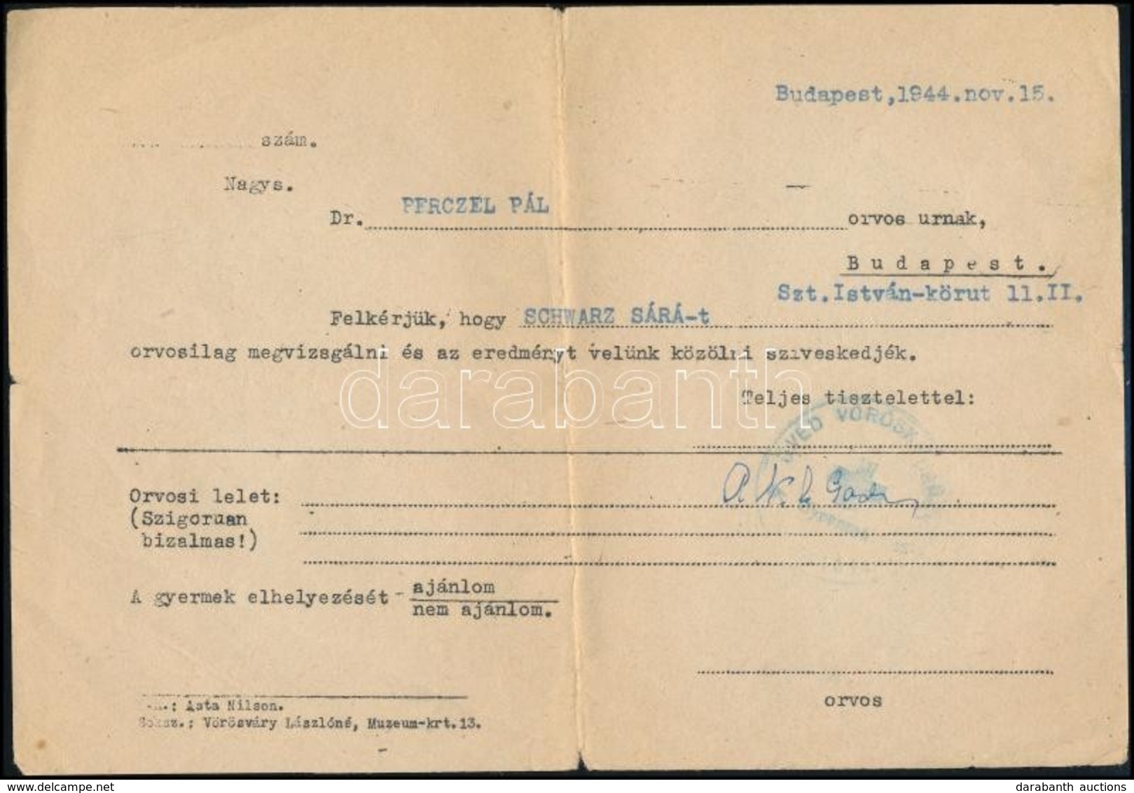 1944 Svéd Vöröskereszt általi Beutaló Zsidó Gyermek Részére, 1944. Nov. 15., Hajtásnyommal / Swedish Red Cross Document  - Altri & Non Classificati