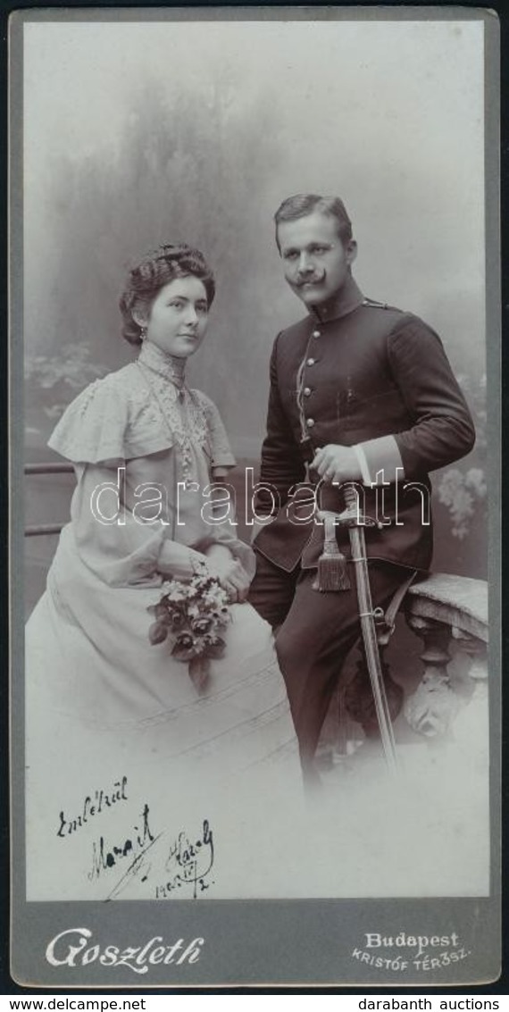 1905 Katona és Felesége Műtermi Portréja, Keményhátú Fotó Goszleth Műterméből, 21,5×11 Cm - Altri & Non Classificati