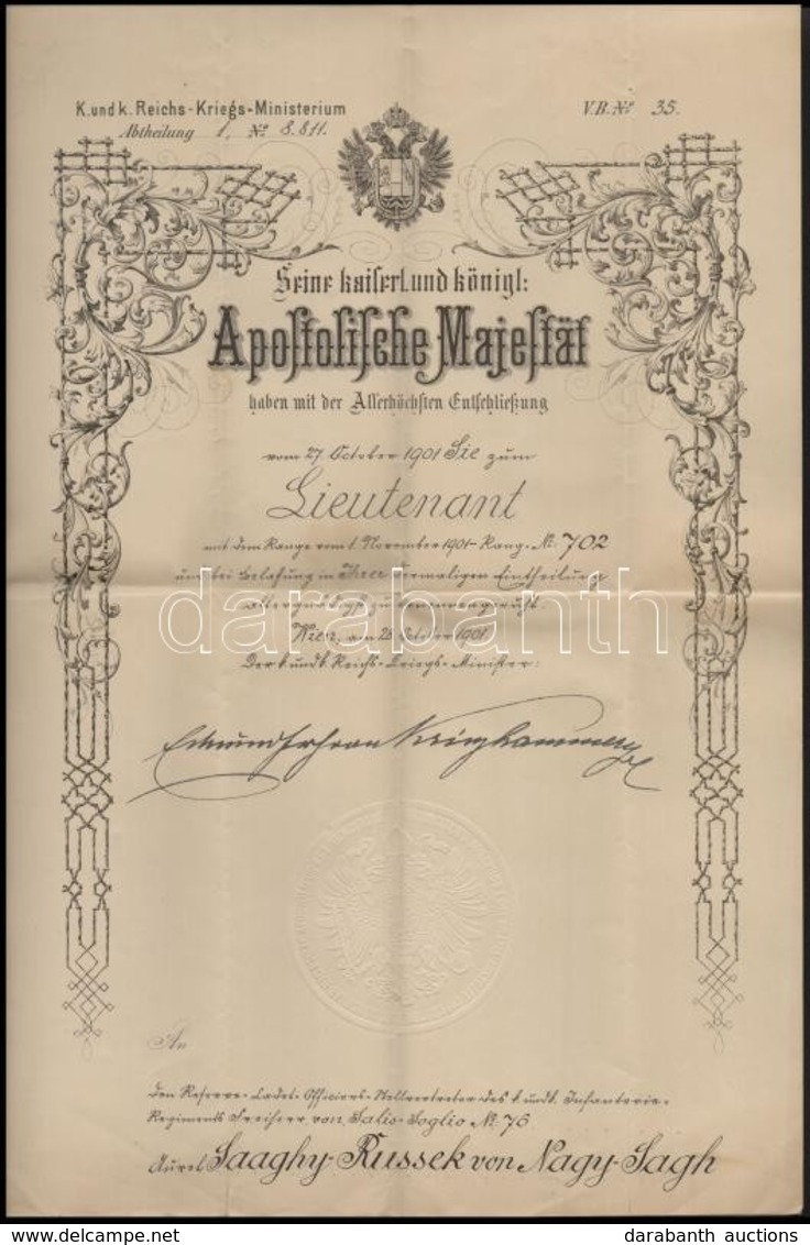 1901 Hadnagyi Kinevezés Nagysági Sághy-Russek Aurél, A 76. Salis-Soglio Gyalogezred Tartalékosa Részére - Altri & Non Classificati