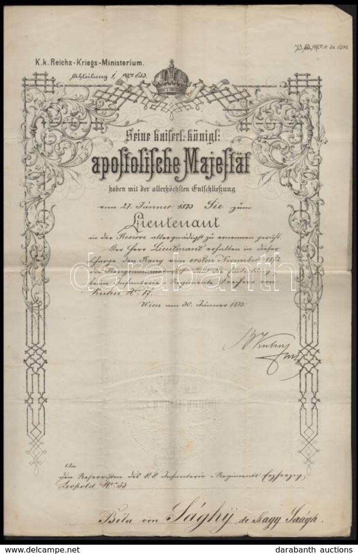 1873 Hadnagyi Kinevezés Nagysági Sághy Béla, Az 53. Lipót Herceg Gyalogezred Tartalékosa Részére - Sonstige & Ohne Zuordnung