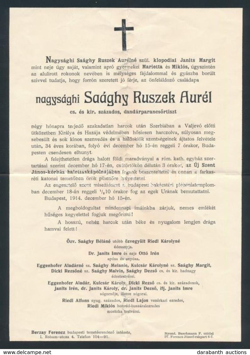 1914 Nagysághi Saághy Ruszek Aurél  Cs. és Kir. Százados, Dandárparancsőrtiszt Részére - Sonstige & Ohne Zuordnung