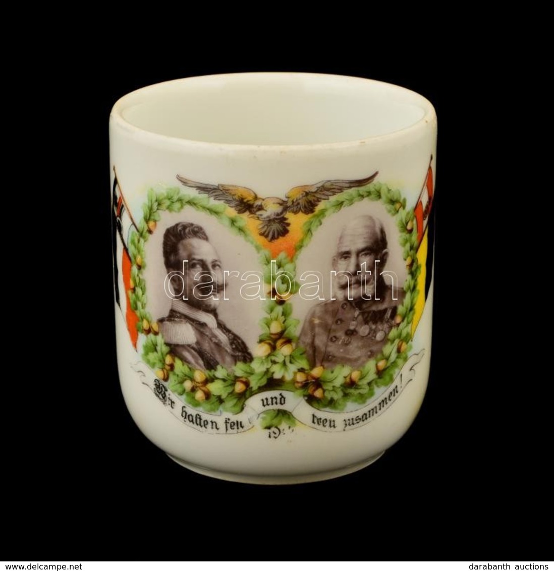 1914-1916 Ferenc Józsefet és Vilmos Császárt ábrázoló  áttört Porcelán Bögre, Jelzés Nélkül, Matricás, Kopott, M:9,5 Cm - Sonstige & Ohne Zuordnung