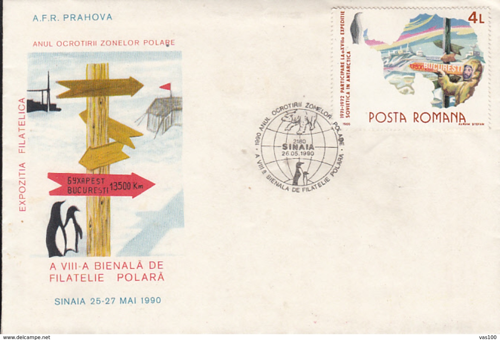 PRESERVE THE POLAR REGIONS, PENGUINS, POLAR BEAR, STATIONS, SPECIAL COVER, 1990, ROMANIA - Preserve The Polar Regions And Glaciers