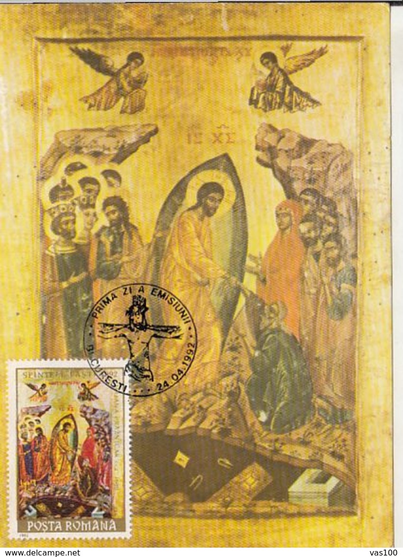 RELIGION, CHRISTIANITY, JESUS' RESURRECTION ICON, PAINTING, CM, MAXICARD, CARTES MAXIMUM, OBLIT FDC, 1992, ROMANIA - Paintings