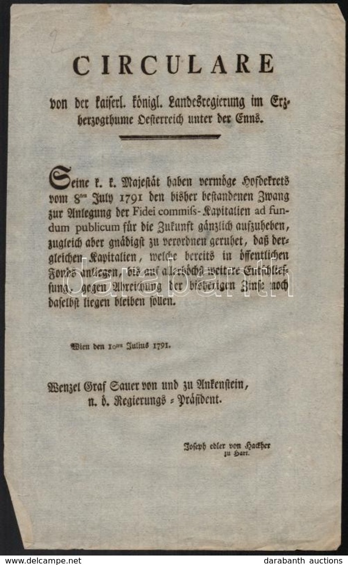 1791 Az Alsó-ausztriai Tartományi Kormányzóság Nyomtatott, Német Nyelvű Körlevele Hitbizományi Földterületek Felszabadít - Ohne Zuordnung