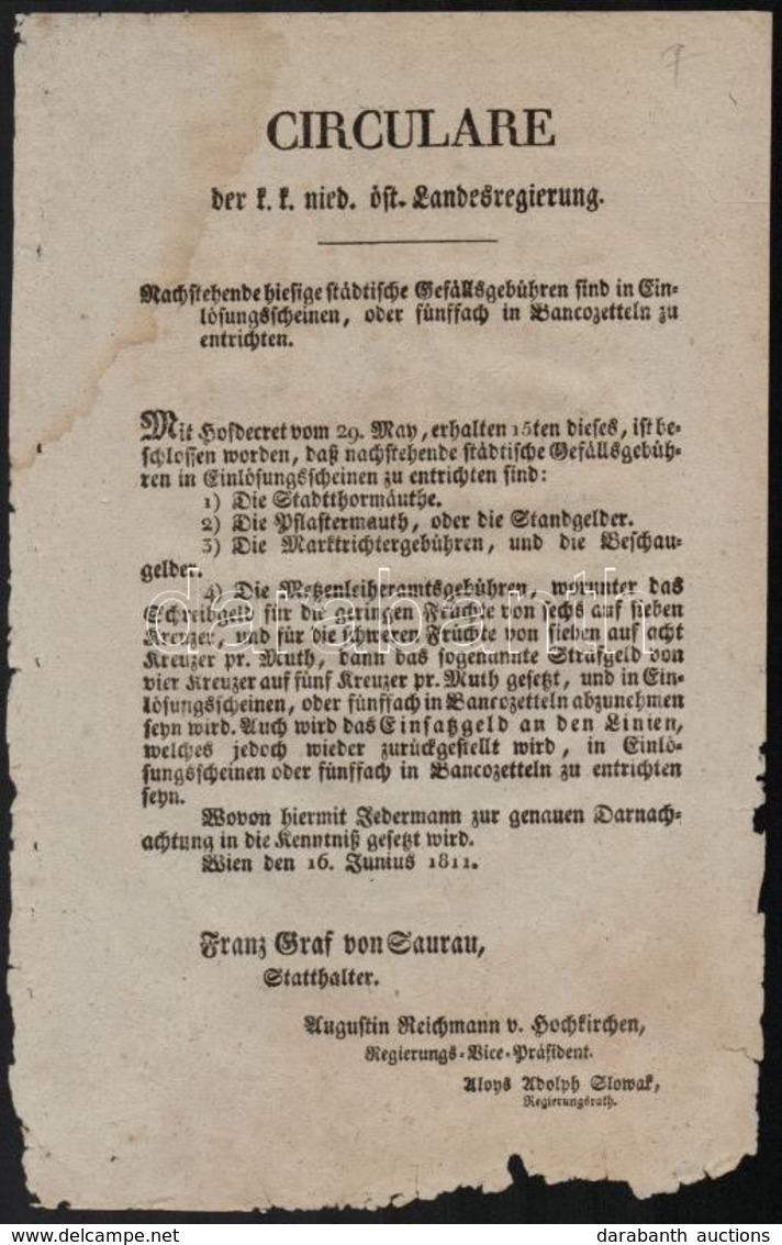 1811 Az Alsó-ausztriai Tartományi Kormányzóság Nyomtatott, Német Nyelvű Körlevele A Városi Illetékekről - Ohne Zuordnung