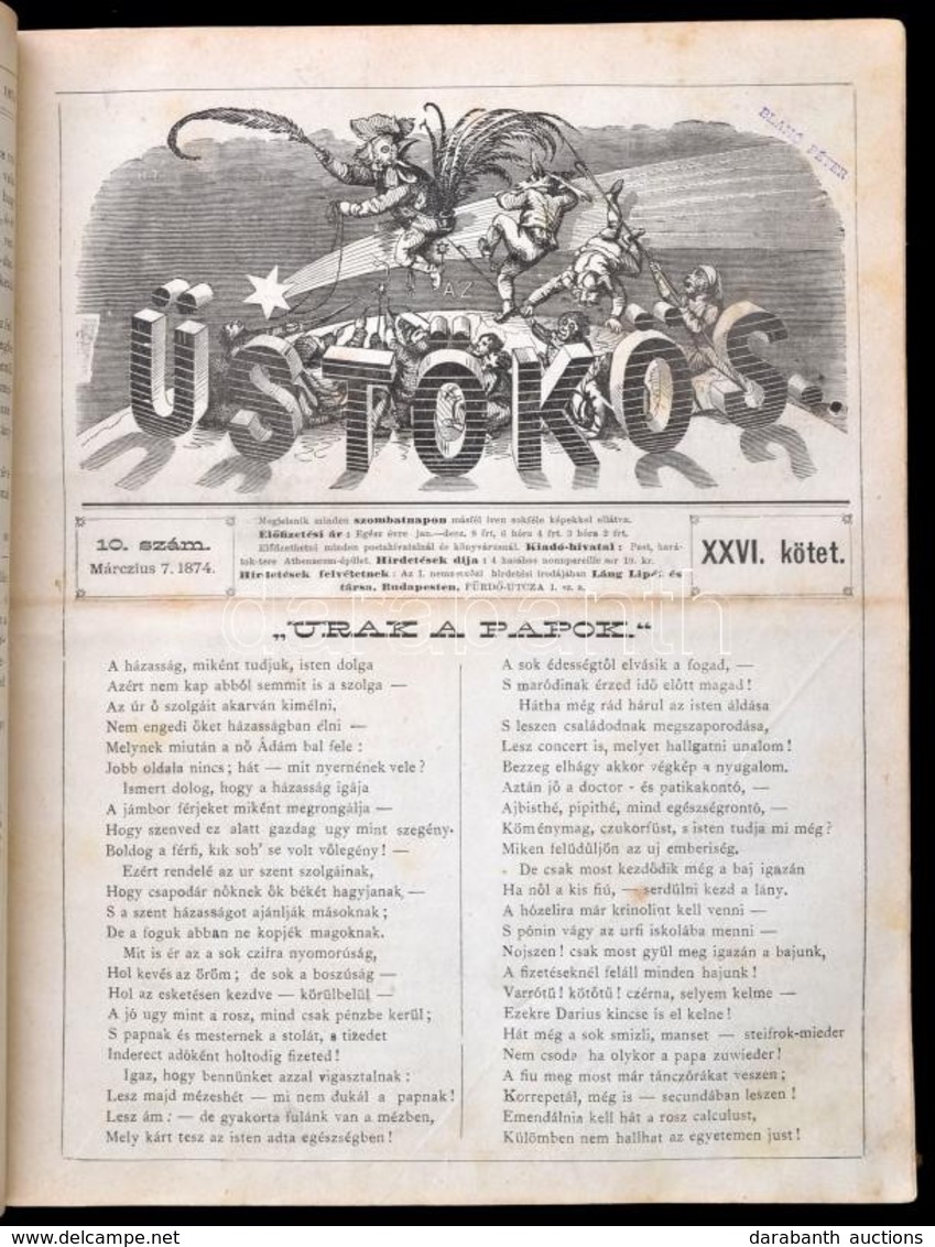 1874 Az Üstökös (szerk.: Jókai Mór) 26. évfolyama, Egybekötve, érdekes írásokkal, Sérült Vászonkötésben, Jó állapotban,  - Ohne Zuordnung