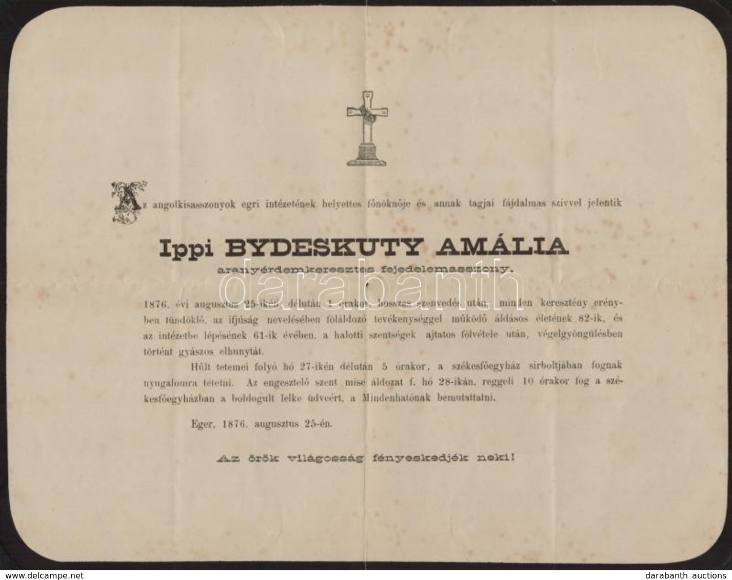 1876 Ippi Bydeskuty Amália Aranyérdemkeresztes Fejedelemasszony Halálozási értesítője - Ohne Zuordnung