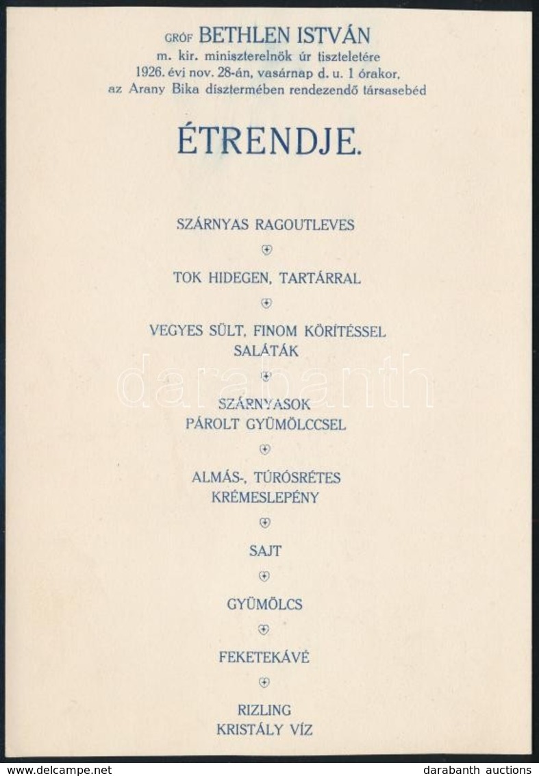 1926 Gróf Bethlen István M.kir. Miniszterelnök Tiszteletére Adott Társasebéd étrendje - Ohne Zuordnung