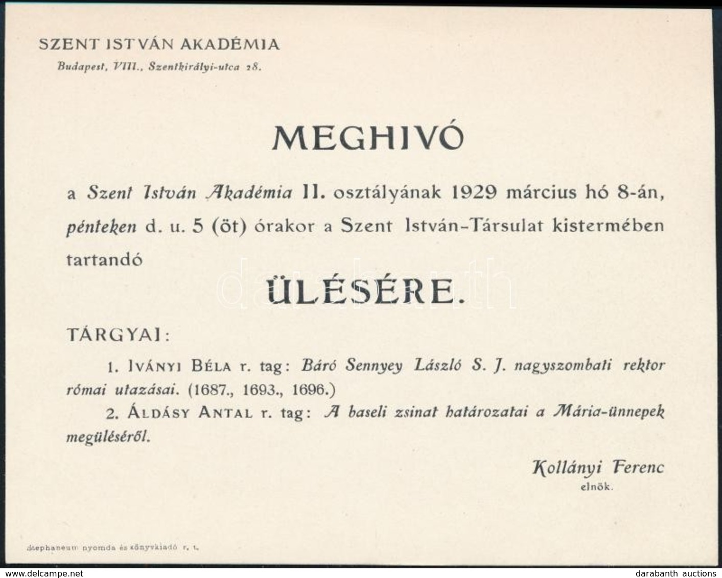 1929 Bp. VIII., Meghívó A Szent István Akadémia ülésére - Ohne Zuordnung