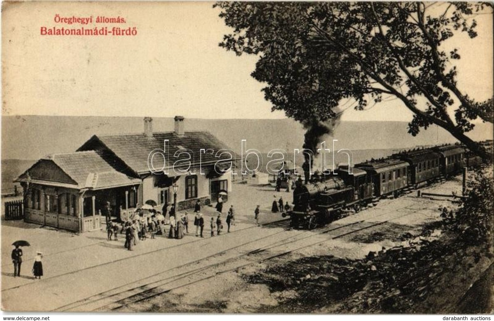 T2 1912 Balatonalmádi, Öreghegyi állomás, Vasútállomás, érkező Gőzmozdony. Kiadja Fodor Ferenc + 1912 Balatonalmádi-Öreg - Ohne Zuordnung