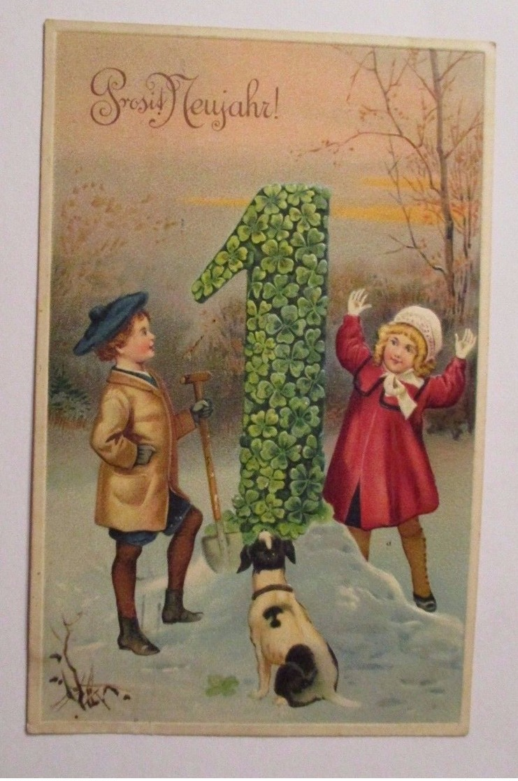 "Neujahr, Kinder, Zahl, Kleeblatt, Hund, Abendrot" 1911, Prägekarte ♥  - Nouvel An