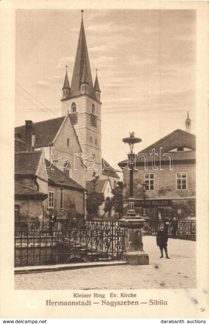 ** T2/T3 Nagyszeben, Hermannstadt, Sibiu; Evangélikus Templom, Kis Tér, Johann Billes üzlete / Church, Shop, Square (fl) - Ohne Zuordnung