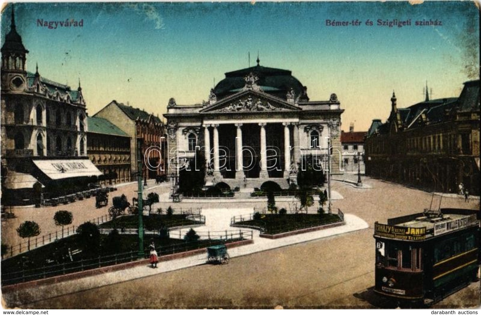 T2/T3 1913 Nagyvárad, Oradea; Bémer Tér és Szigligeti Színház, Villamos Esterházy Ferenc Pezsgőgyárának és Wallerstein ü - Ohne Zuordnung