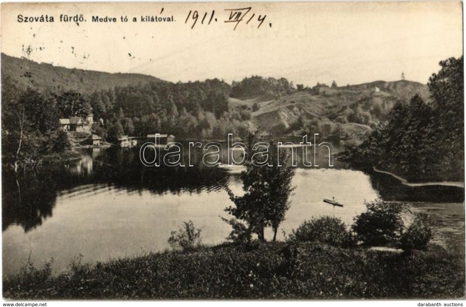 T2 1911 Szováta-fürdő, Baile Sovata; Medve Tó A Kilátóval, Csónakázó. Kiadja Dragoman S. J. / Lacul Ursu / Lake, Lookout - Ohne Zuordnung