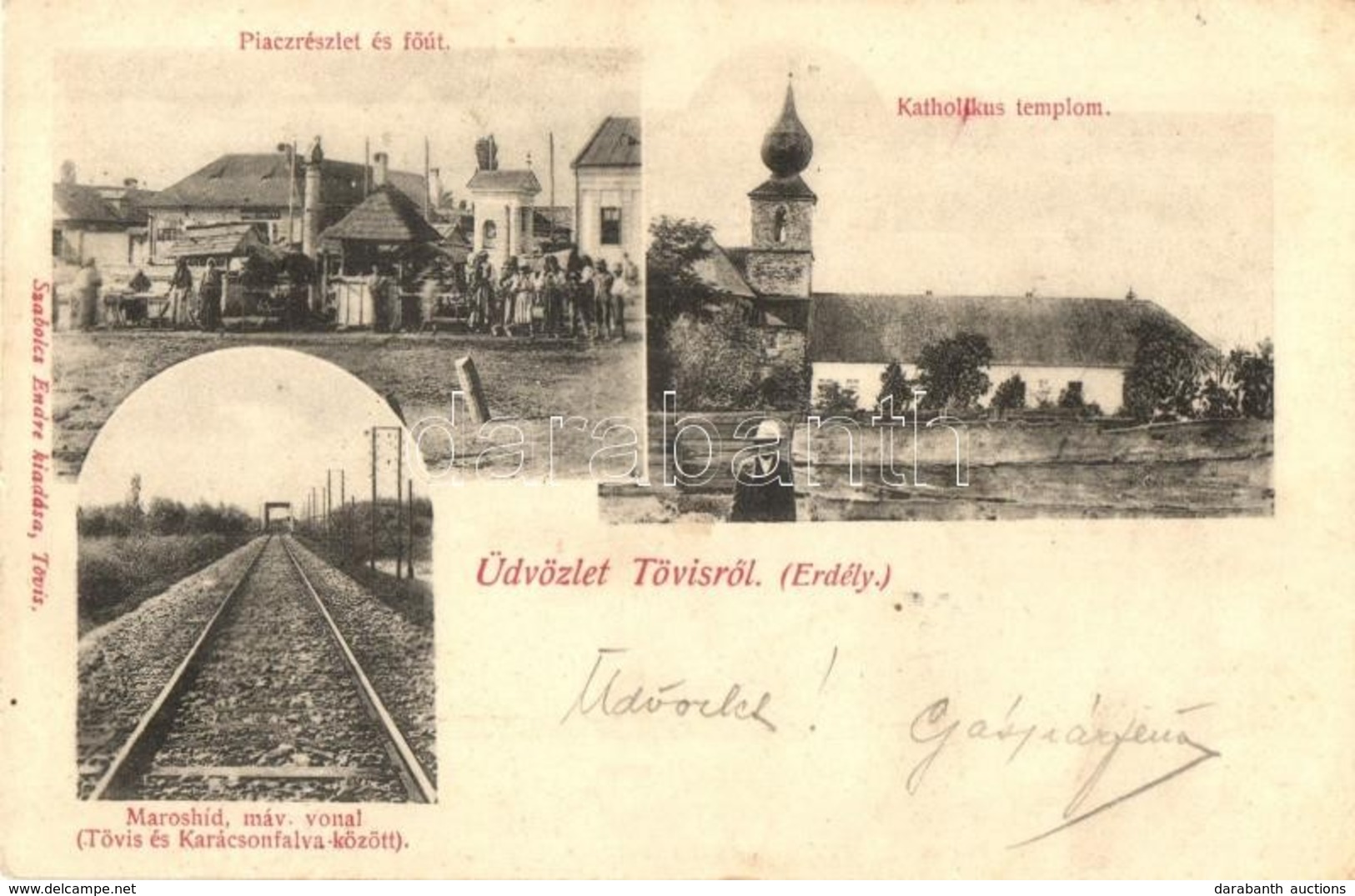 * T2/T3 1905 Tövis, Teius; Piac Részlet és Főút, árusok, Dohány üzlet, Római Katolikus Templom, Maros Folyó Hídja (MÁV V - Ohne Zuordnung