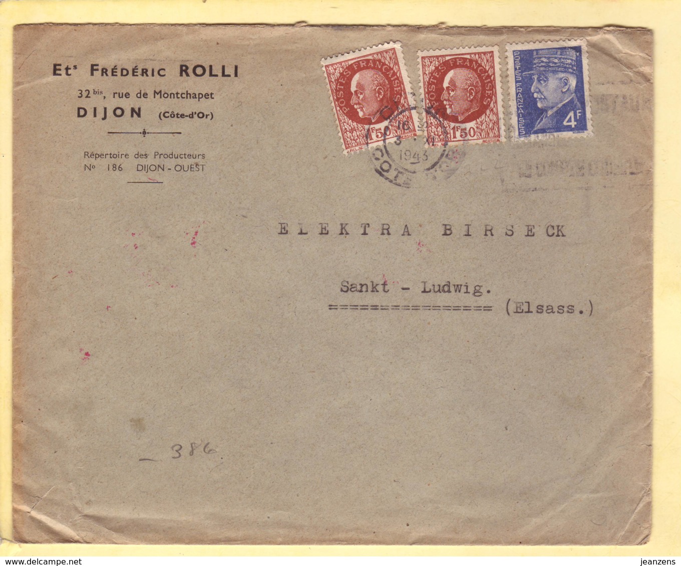 Lettre Ets Rolli Dijon 03.11.1943 Aff Pétain -> St Louis -Zensur/Censored/Censure E Francfort/M. - Guerre De 1939-45