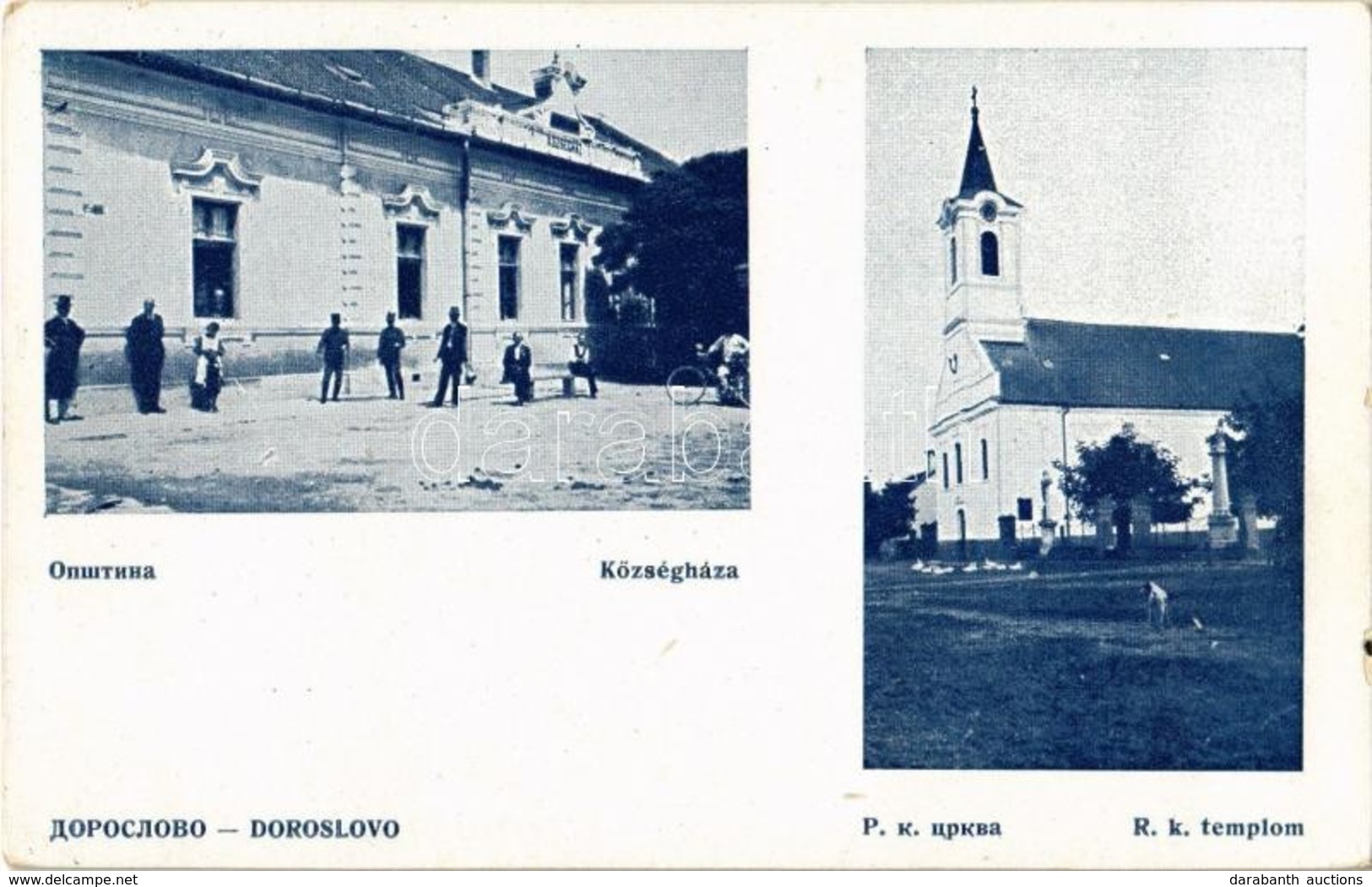 ** T2/T3 Doroszló, Doroslovo; Községháza, Kerékpár, Római Katolikus Templom / Town Hall, Bicycle, Catholic Church (apró  - Ohne Zuordnung