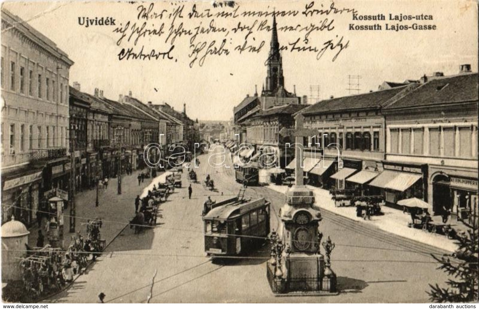 T3 1915 Újvidék, Novi Sad; Kossuth Lajos Utca, Kereszt, Villamosok, Piac, Klein és Popper üzlete. Urbán Ignác Kiadása /  - Ohne Zuordnung